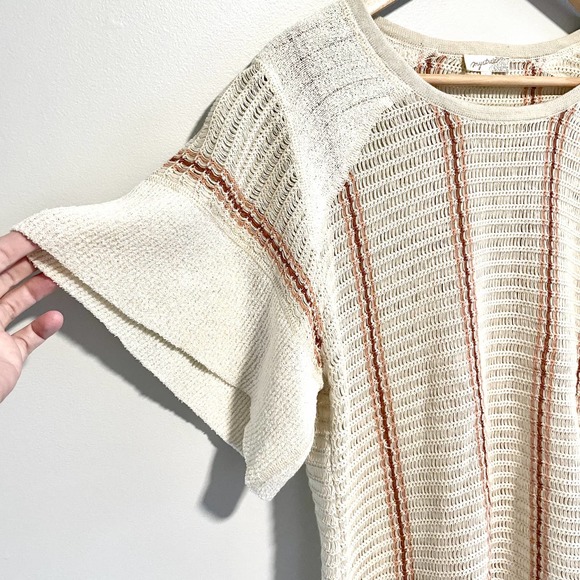 Crochet Striped Linen Open Knit Boho Top Sweater Shirt - Picture 3 of 11